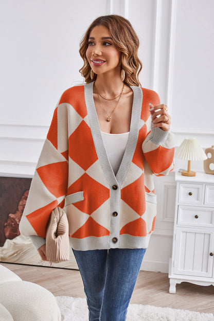Geometric Lantern Sleeve Cardigan with Pockets Fitggins
