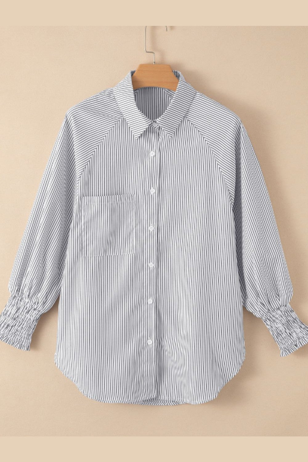 Striped Collared Neck Lantern Sleeve Shirt - Shirts - FITGGINS