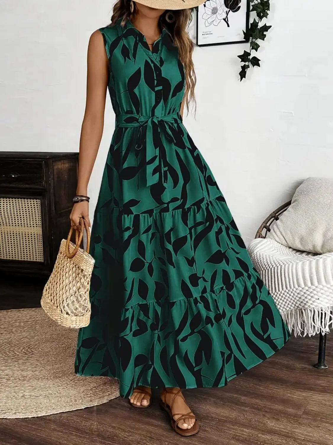 Printed Tie Waist Sleeveless Maxi Dress Fitggins