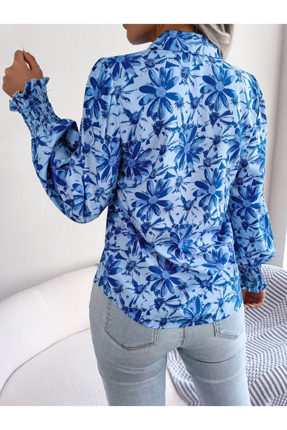 Floral Collared Neck Long Sleeve Shirt - Shirts - FITGGINS