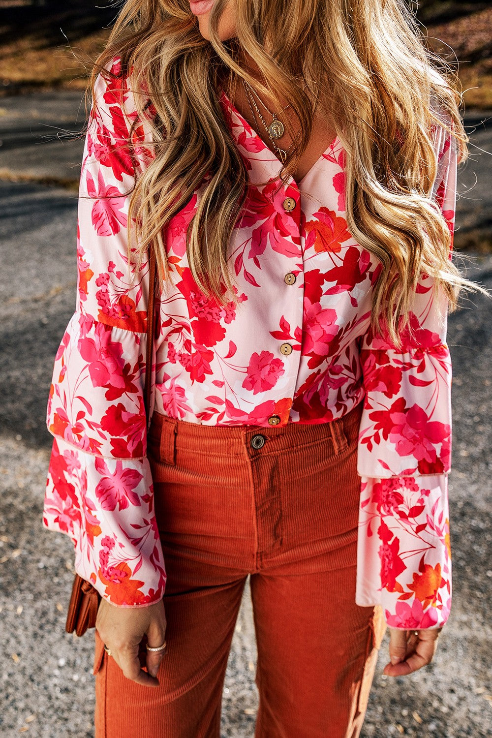 Floral Flare Sleeve Button Up V-Neck Bodysuit - Bodysuits - FITGGINS