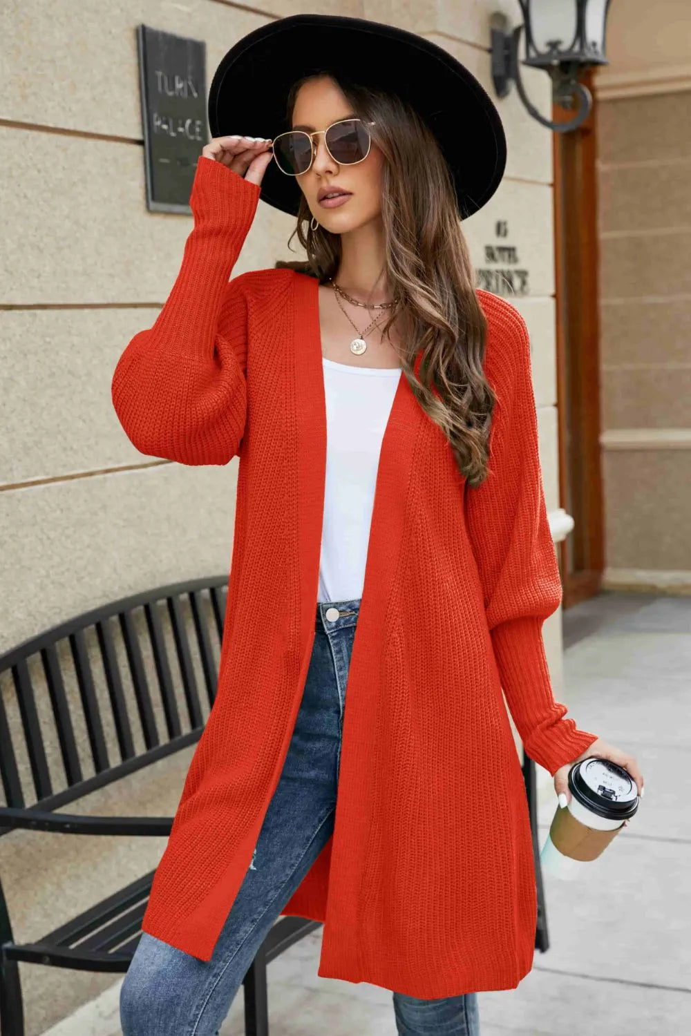 Open Front Lantern Sleeve Cardigan Orange-Red Fitggins