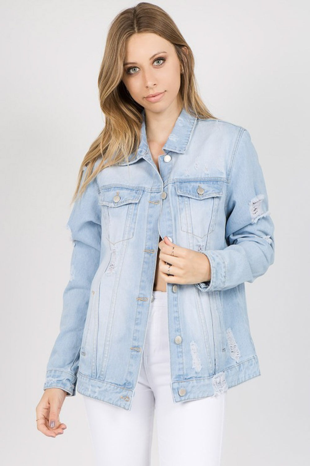 American Bazi Letter Patched Distressed Denim Jacket - Denim Jackets - FITGGINS