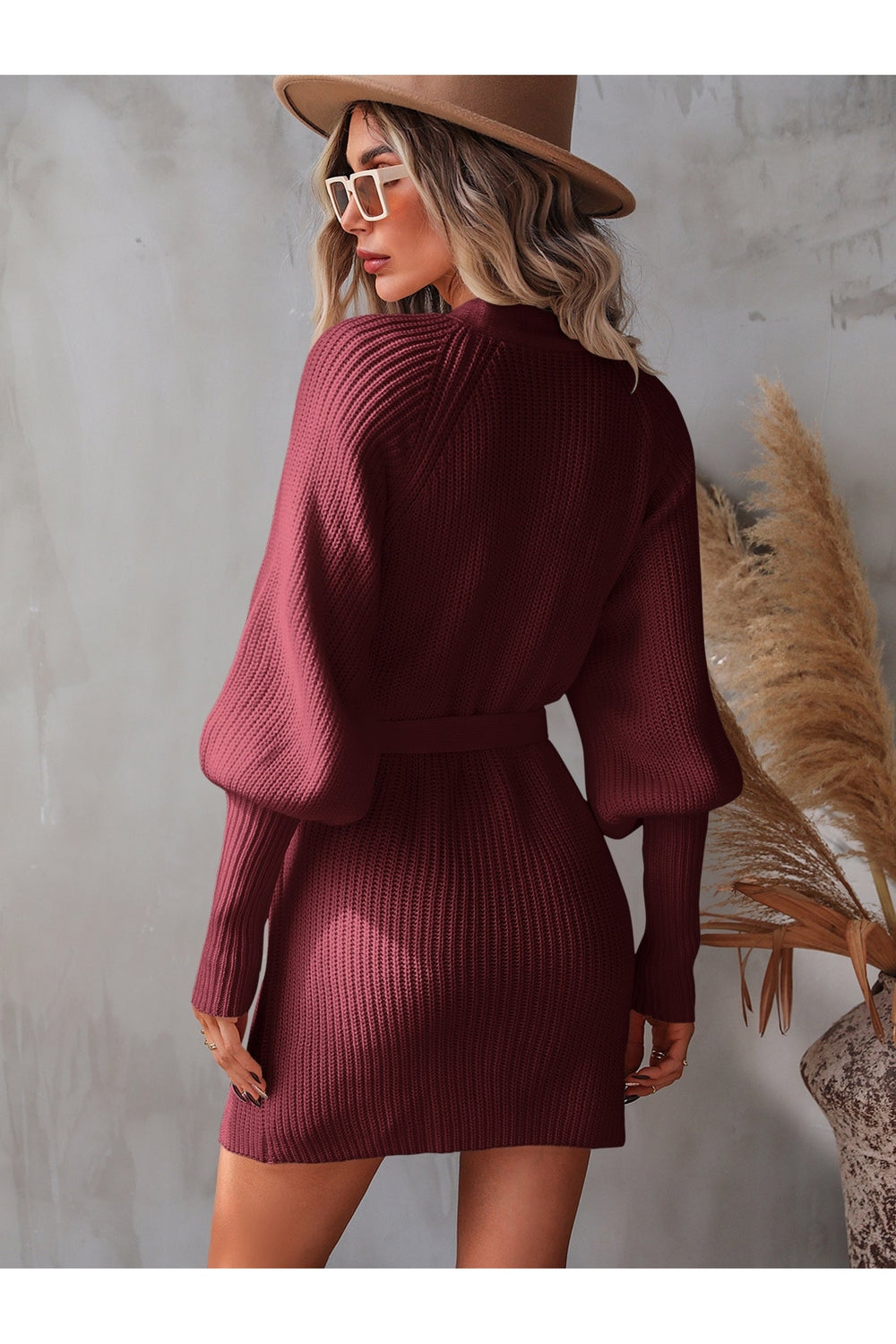 Belted Surplice Lantern Sleeve Wrap Sweater Dress - Sweater Dresses - FITGGINS