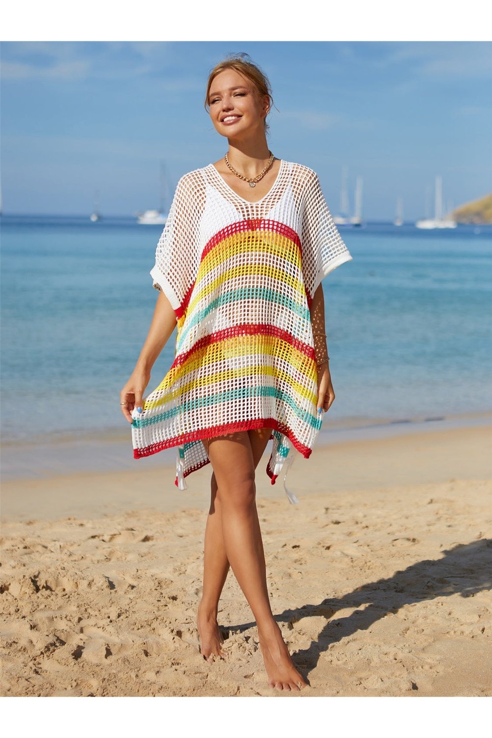 Cutout Striped Cover-Up with Tassel - Cover-Ups - FITGGINS