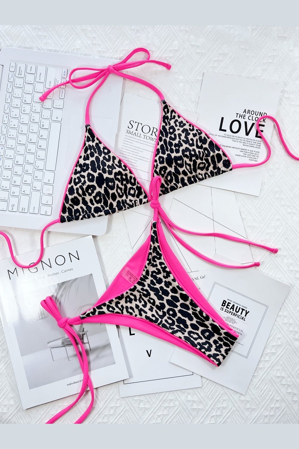 Leopard Print Halter Neck Tie Side Bikini Set - Bikinis & Tankinis - FITGGINS