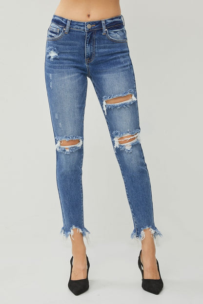 RISEN Distressed Frayed Hem Slim Jeans - Jeans - FITGGINS