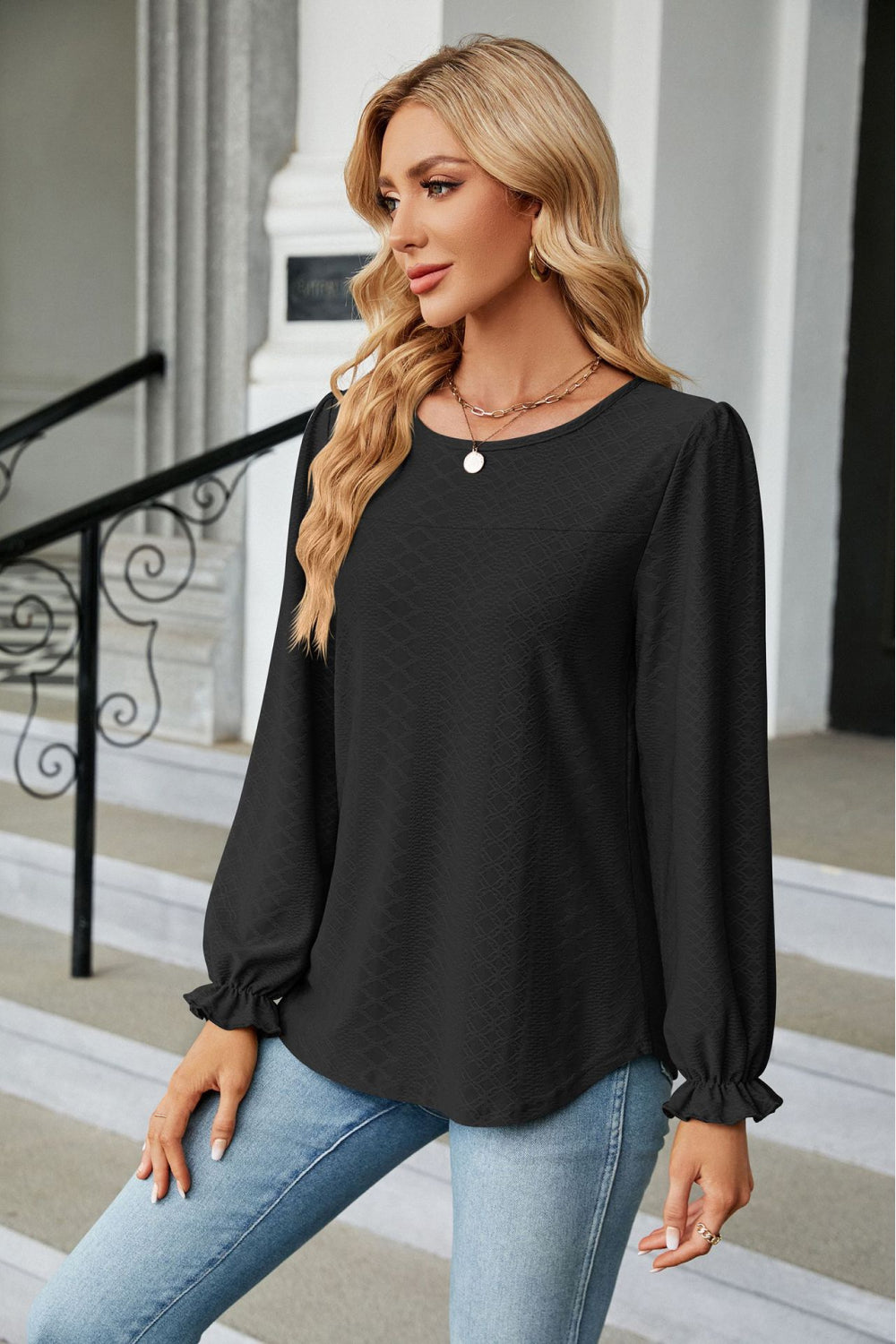 Round Neck Flounce Sleeve Blouse Fitggins