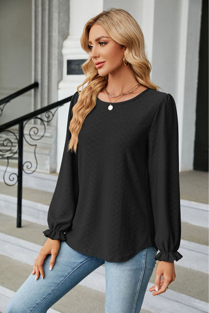 Round Neck Flounce Sleeve Blouse Fitggins