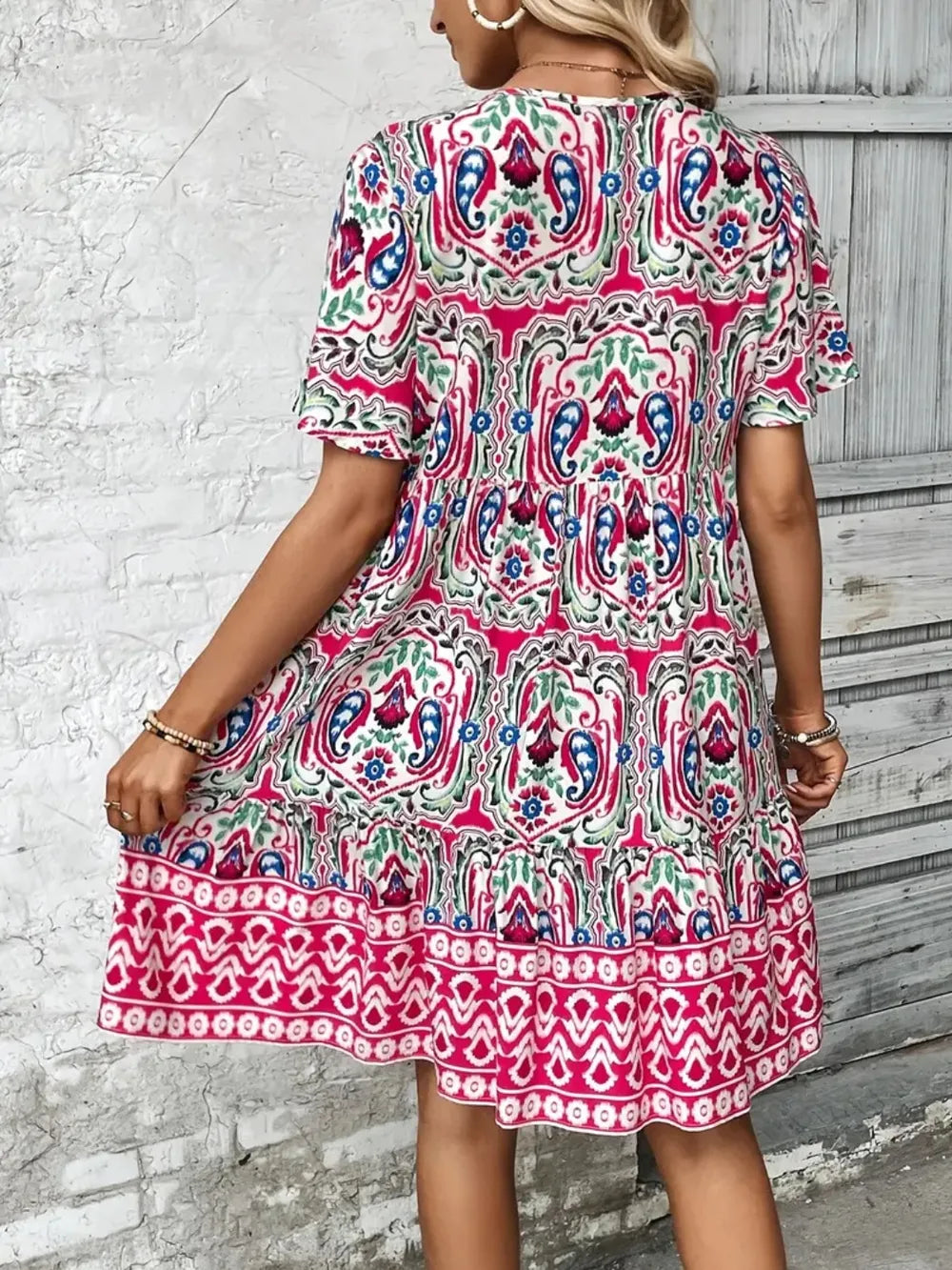Printed Tie Neck Short Sleeve Dress Fitggins