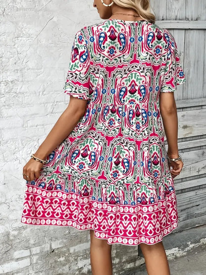 Printed Tie Neck Short Sleeve Dress Fitggins