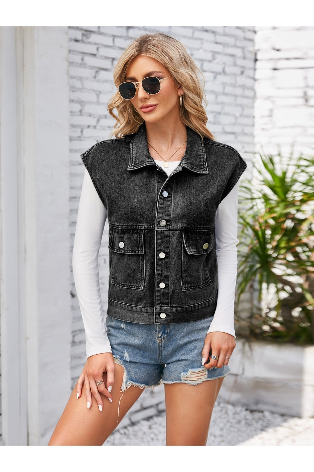 Cap Sleeve Denim Jacket with Pockets - Denim Jackets - FITGGINS