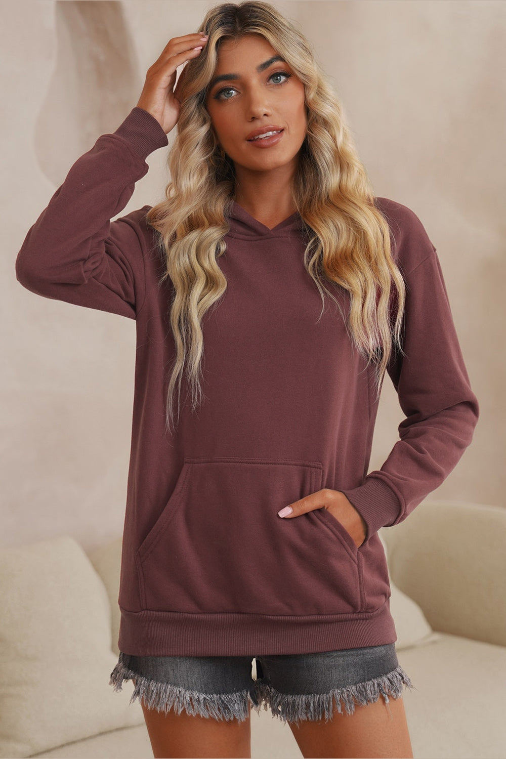 Dropped Shoulder Kangaroo Pocket Hoodie - Sweatshirts & Hoodies - FITGGINS