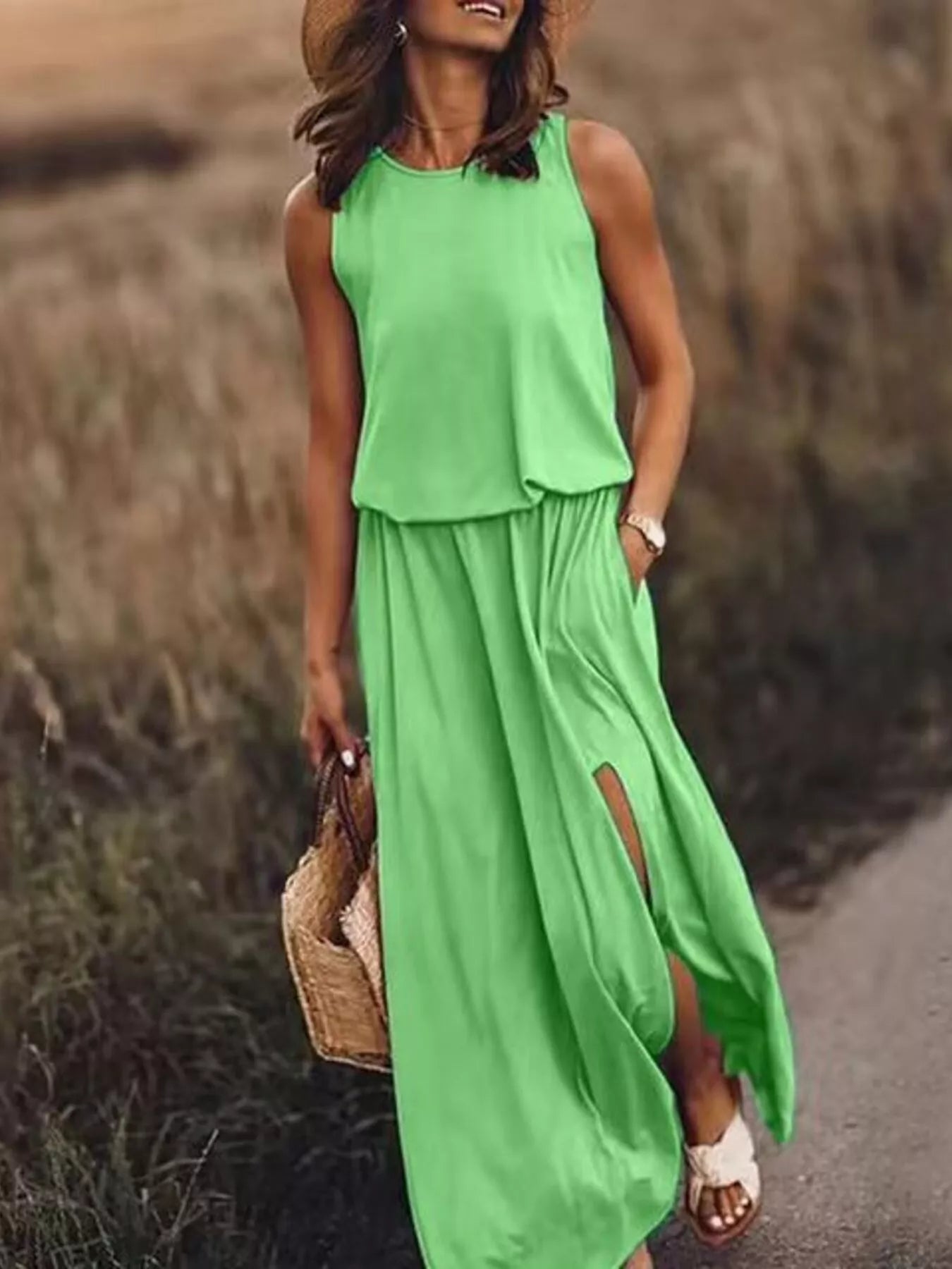 Full Size Round Neck Sleeveless Slit Maxi Dress Plus Size Grass Green Fitggins