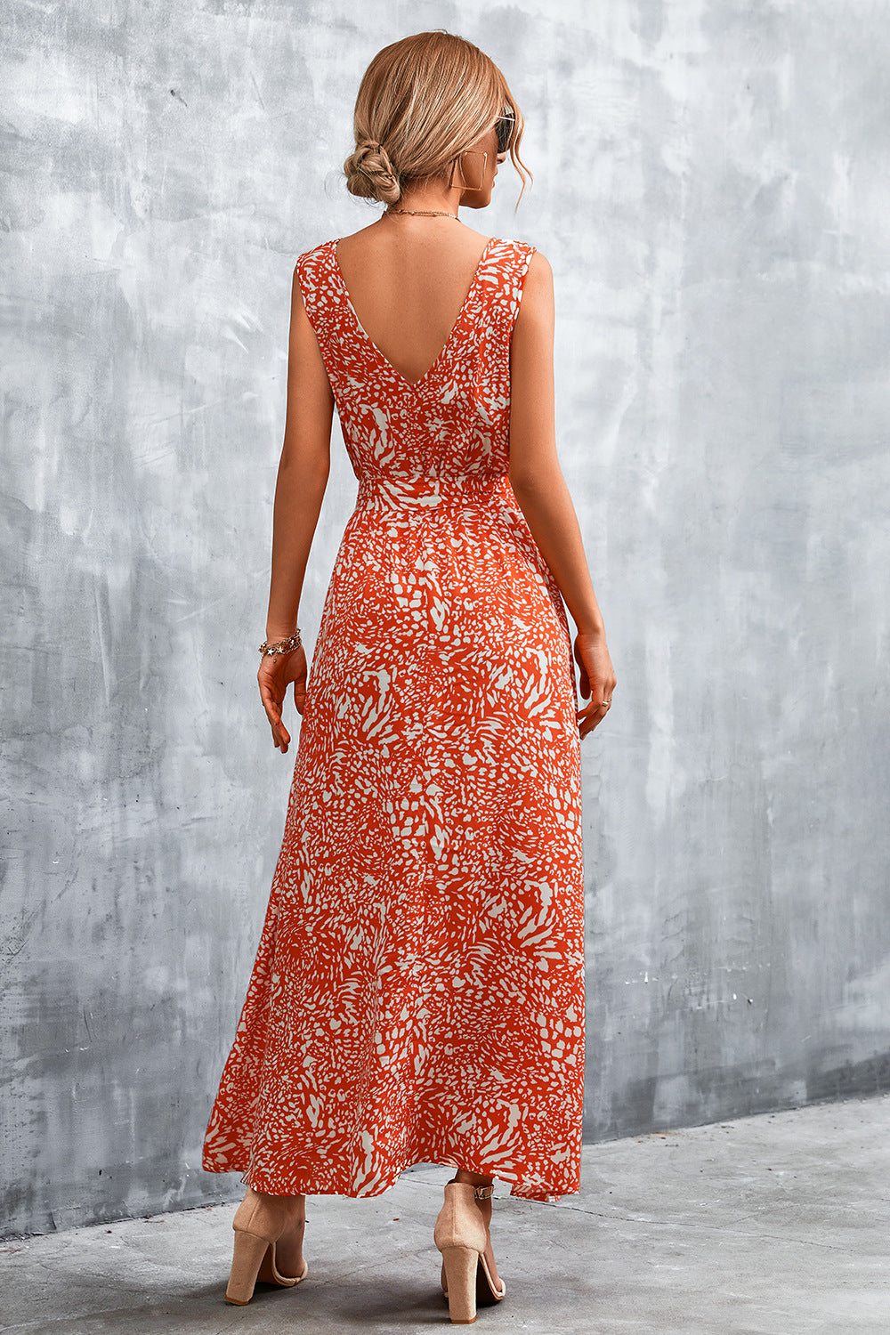 Printed V-Neck Tie Waist Maxi Dress - Casual & Maxi Dresses - FITGGINS