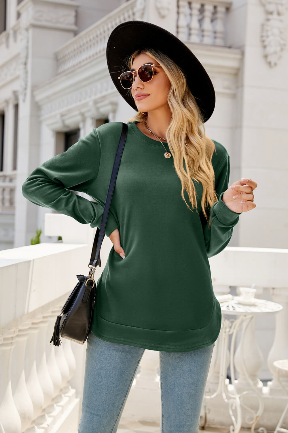 Round Neck Slit Tunic Top - T-Shirts - FITGGINS