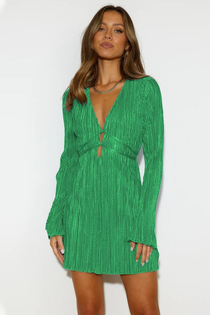 Tied Plunge Flare Sleeve Mini Dress - Cocktail Dresses - FITGGINS