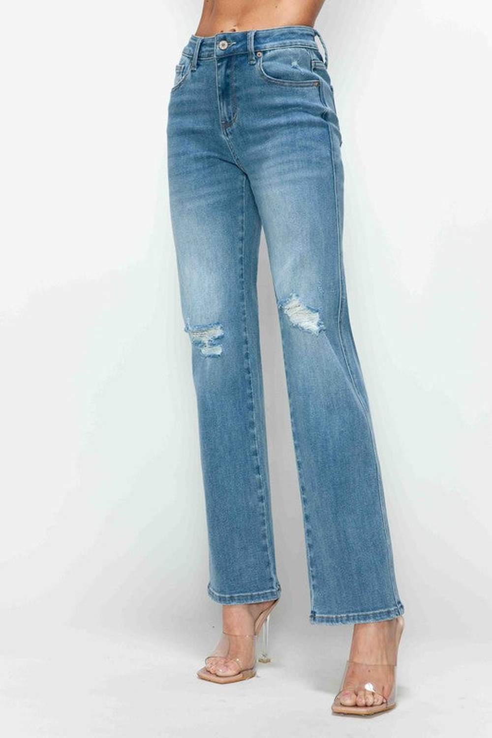 bytos Full Size Distressed High Rise Straight Jeans - Jeans - FITGGINS