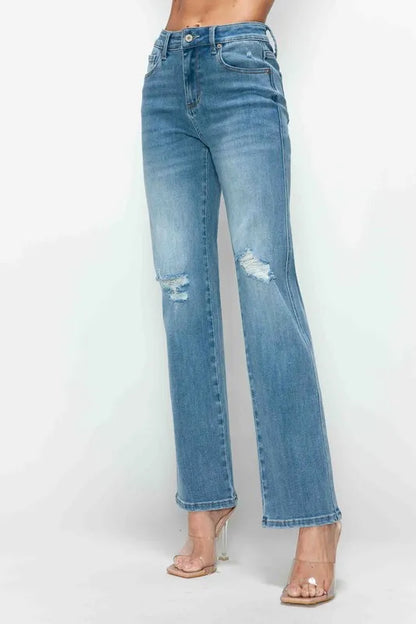 bytos Full Size Distressed High Rise Straight Jeans Fitggins