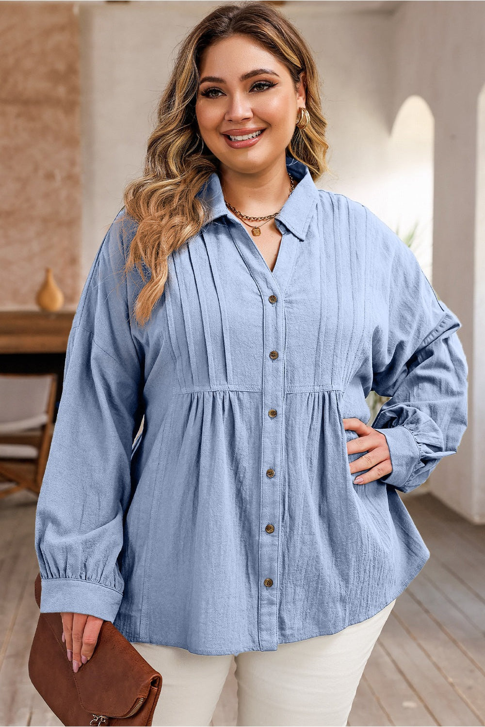 Plus Size High-Low Button Up Dropped Shoulder Shirt - Shirts - FITGGINS