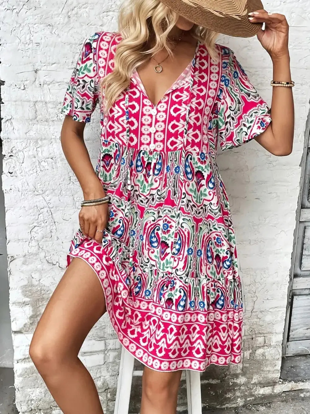 Printed Tie Neck Short Sleeve Dress Fitggins