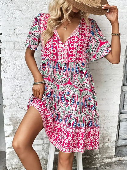 Printed Tie Neck Short Sleeve Dress Fitggins
