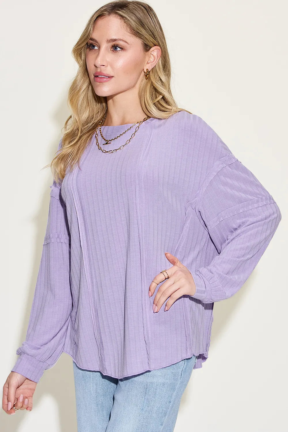 Basic Bae Full Size Ribbed Round Neck Long Sleeve T-Shirt Fitggins