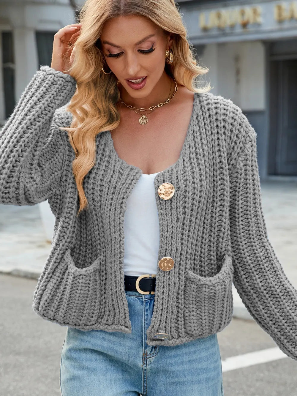 Round Neck Button Up Cardigan with Pockets Fitggins