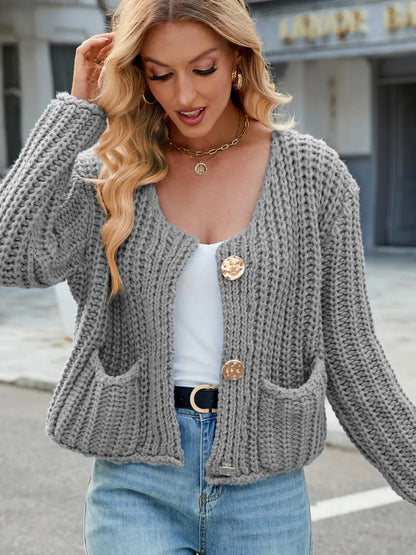 Round Neck Button Up Cardigan with Pockets Fitggins