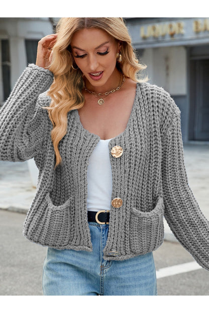 Round Neck Button Up Cardigan with Pockets - Cardigans - FITGGINS