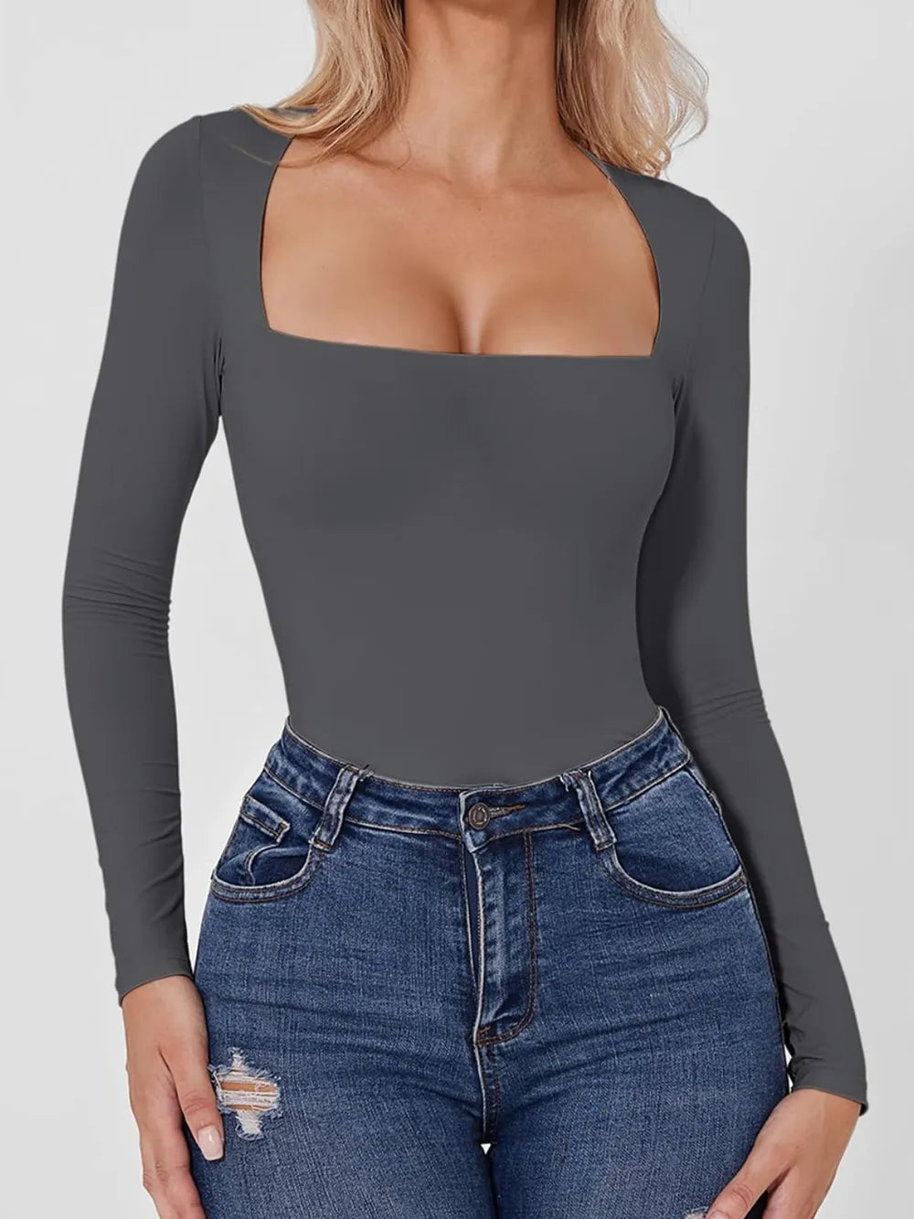 Square Neck Long Sleeve Bodysuit Fitggins