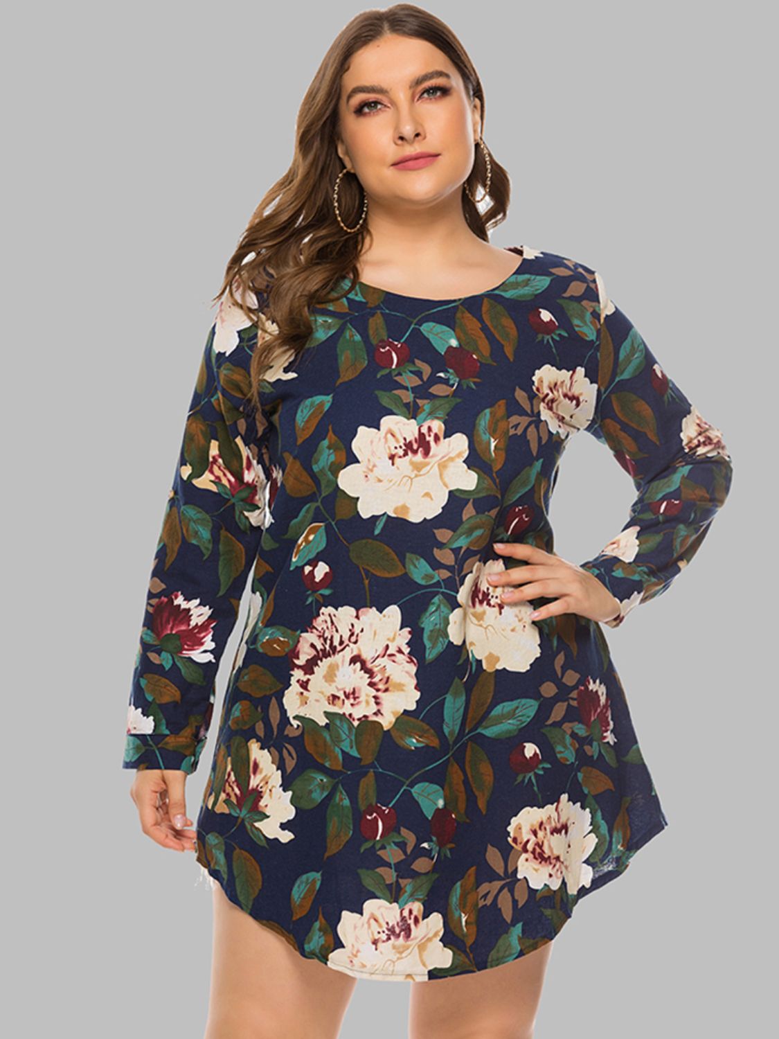 Full Size Floral Long Sleeve Mini Dress Navy Fitggins