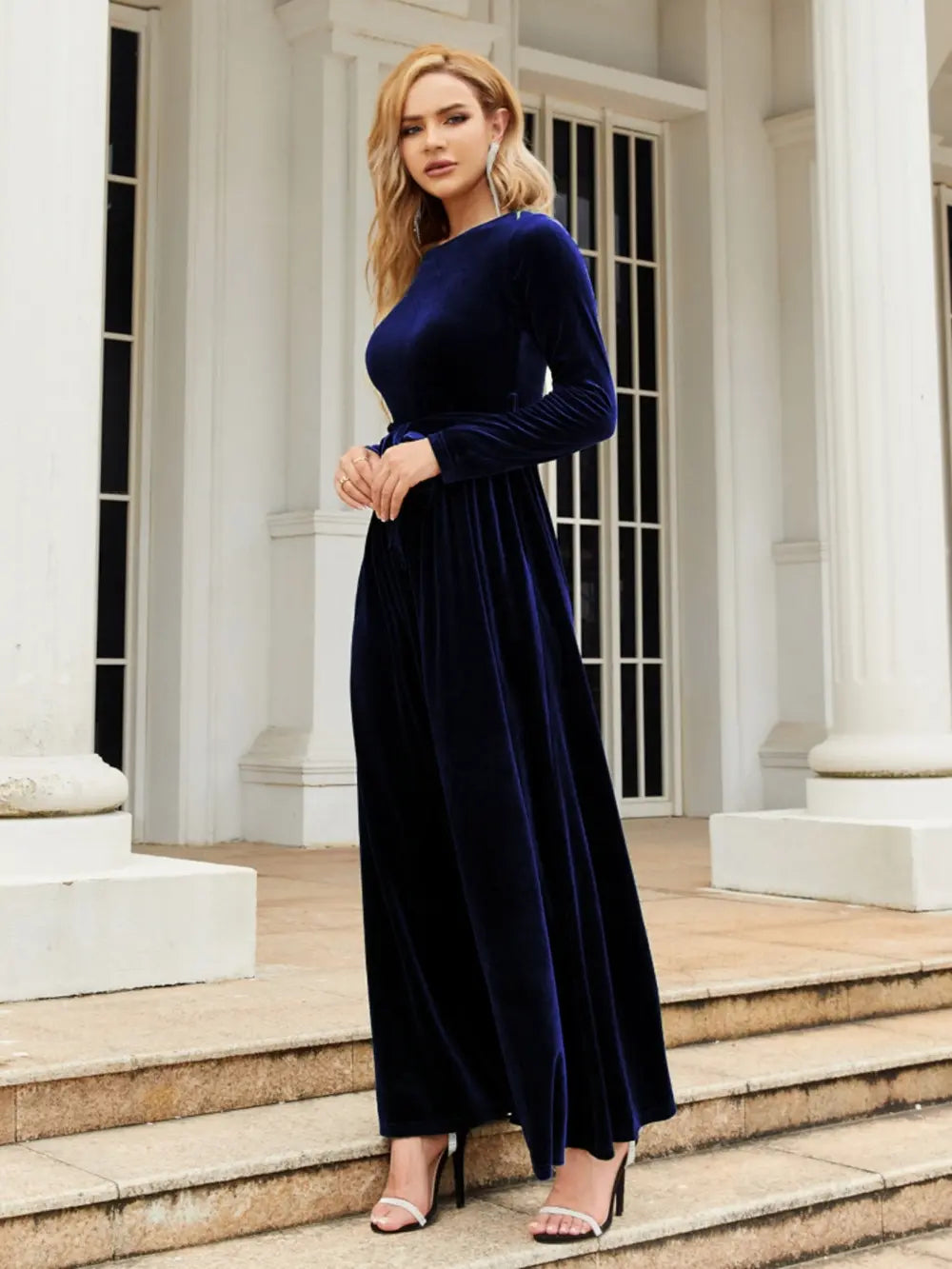 Tie Front Round Neck Long Sleeve Maxi Dress Fitggins