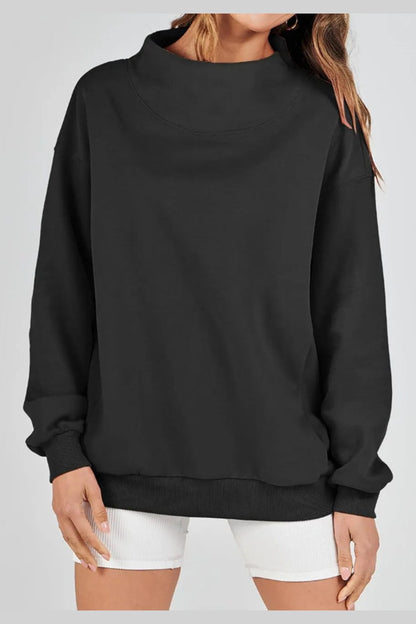 Mock Neck Drop Shoulder Long Sleeve Sweatshirt - Sweatshirts & Hoodies - FITGGINS