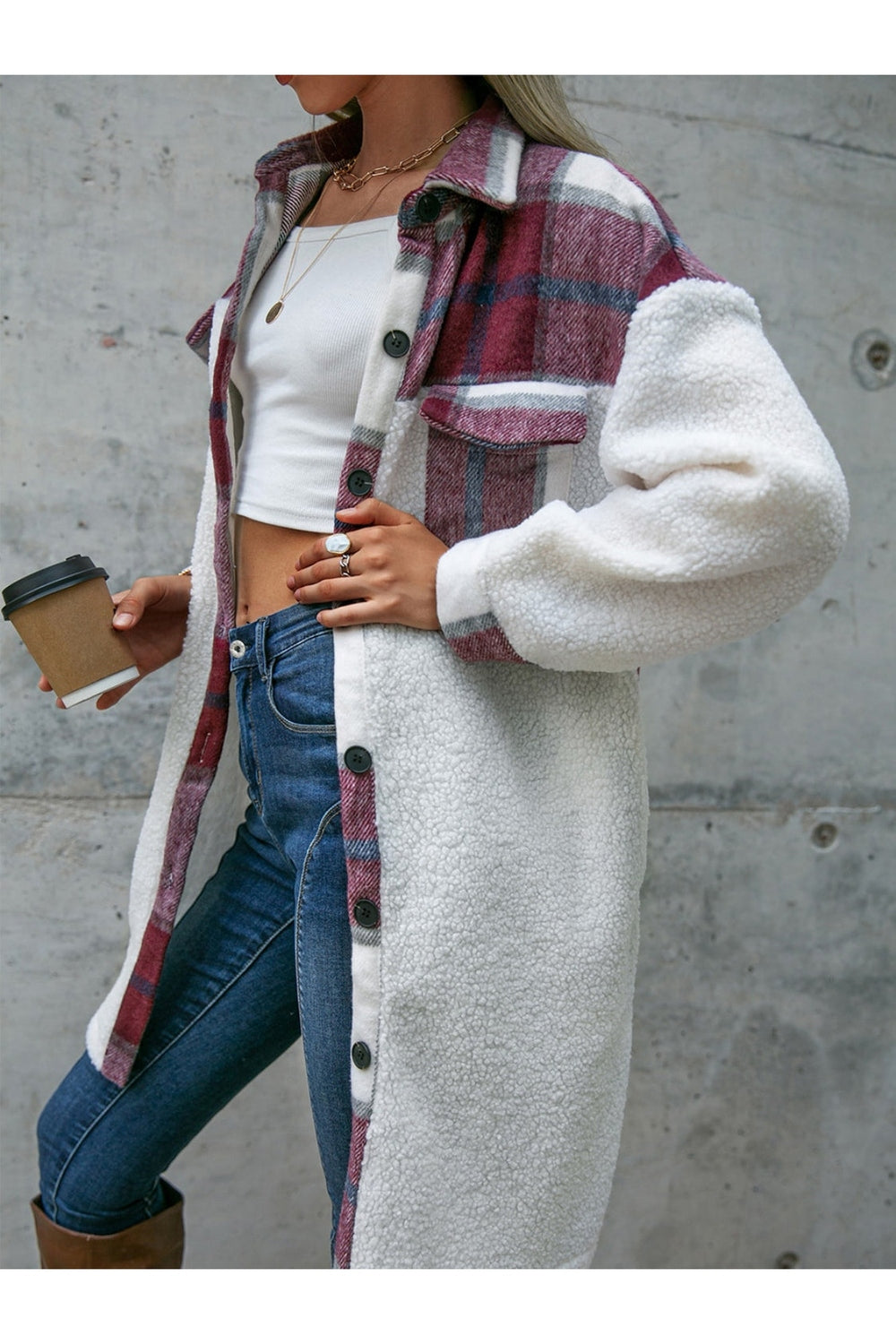 Plaid Dropped Shoulder Longline Coat - Jackets - FITGGINS