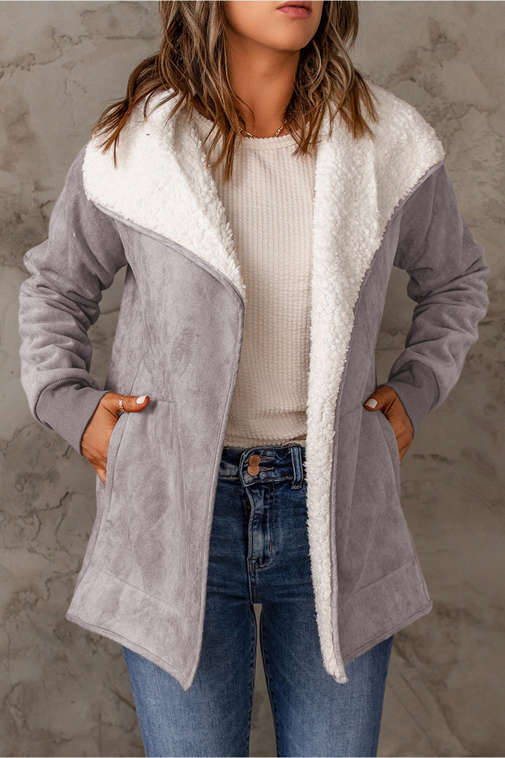 Open Front Long Sleeve Sherpa Jacket - Jackets - FITGGINS