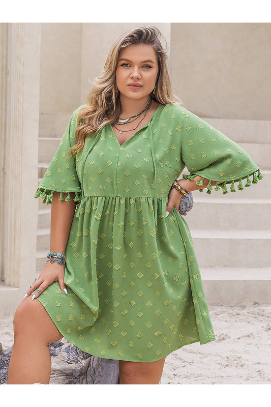 Plus Size Tied Tassel Half Sleeve Mini Dress - Casual & Maxi Dresses - FITGGINS