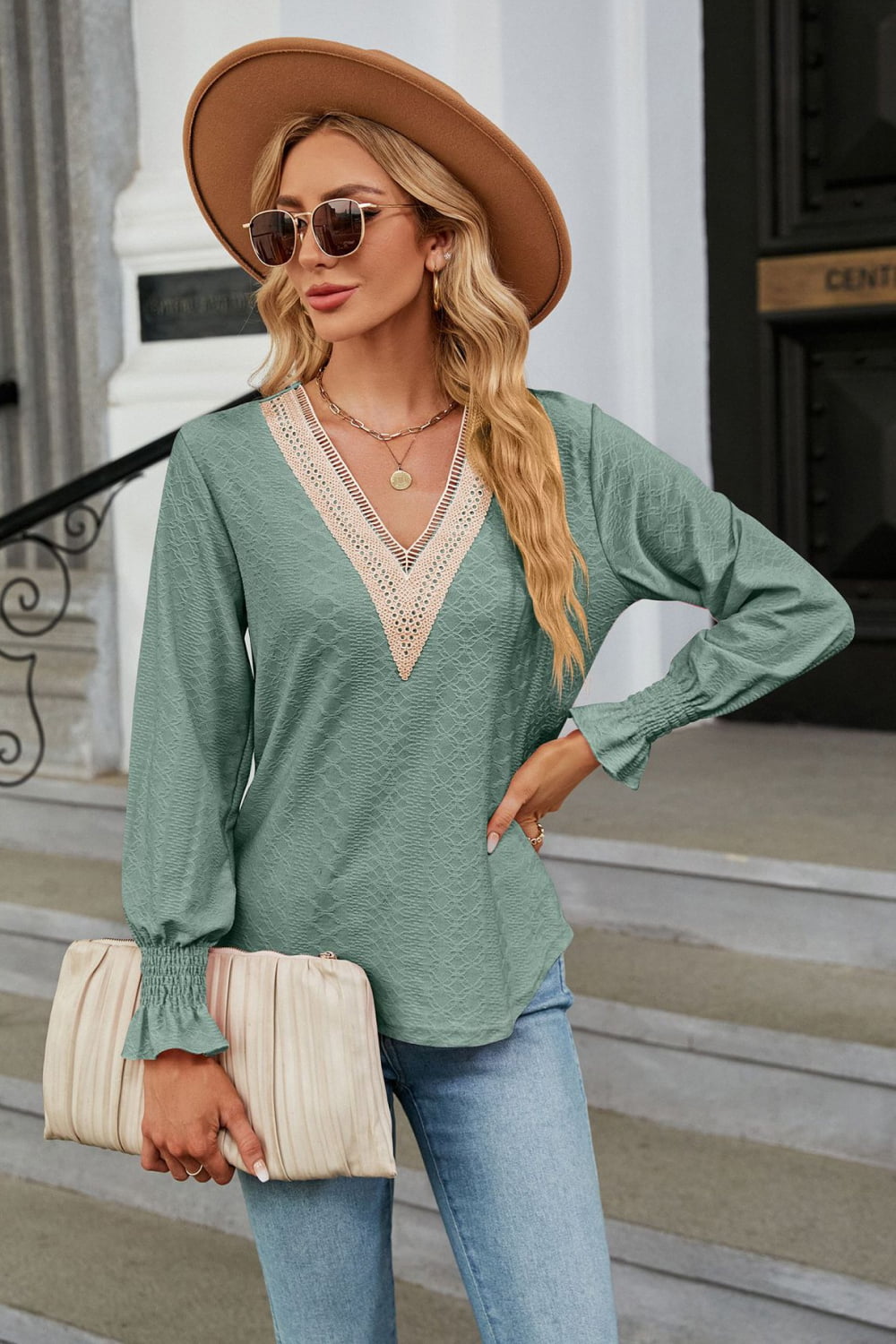 V-Neck Flounce Sleeve Blouse Fitggins