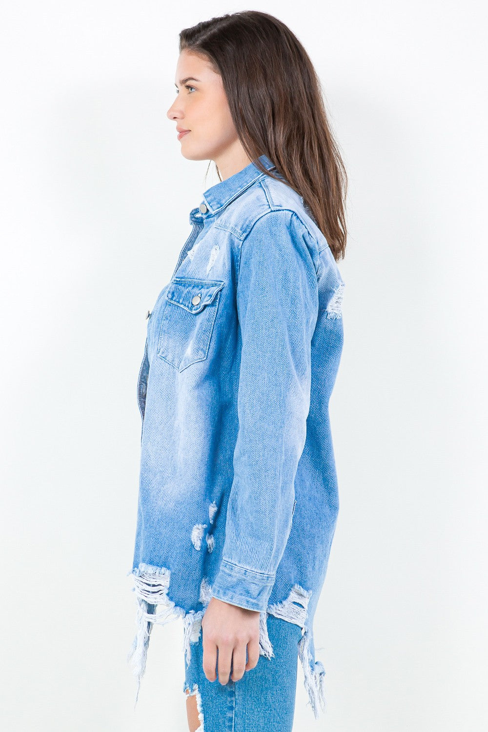 American Bazi Frayed Hem Distressed Denim Shirt Jacket - Denim Jackets - FITGGINS