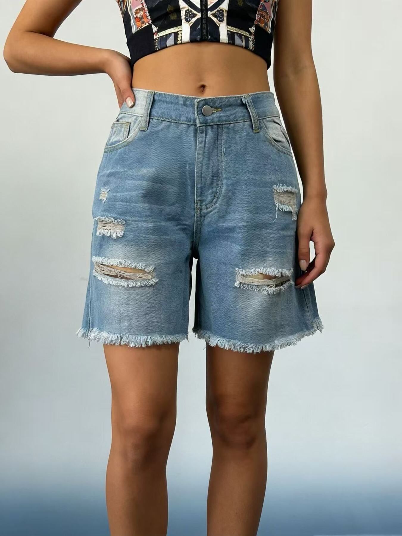 Full Size Ripped Frayed Hem Denim Shorts Plus Size Fitggins