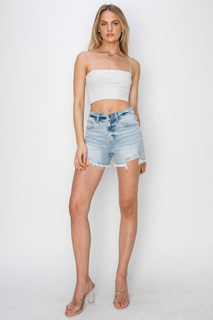 RISEN High Waist Frayed Detail Denim Shorts - Denim Shorts - FITGGINS