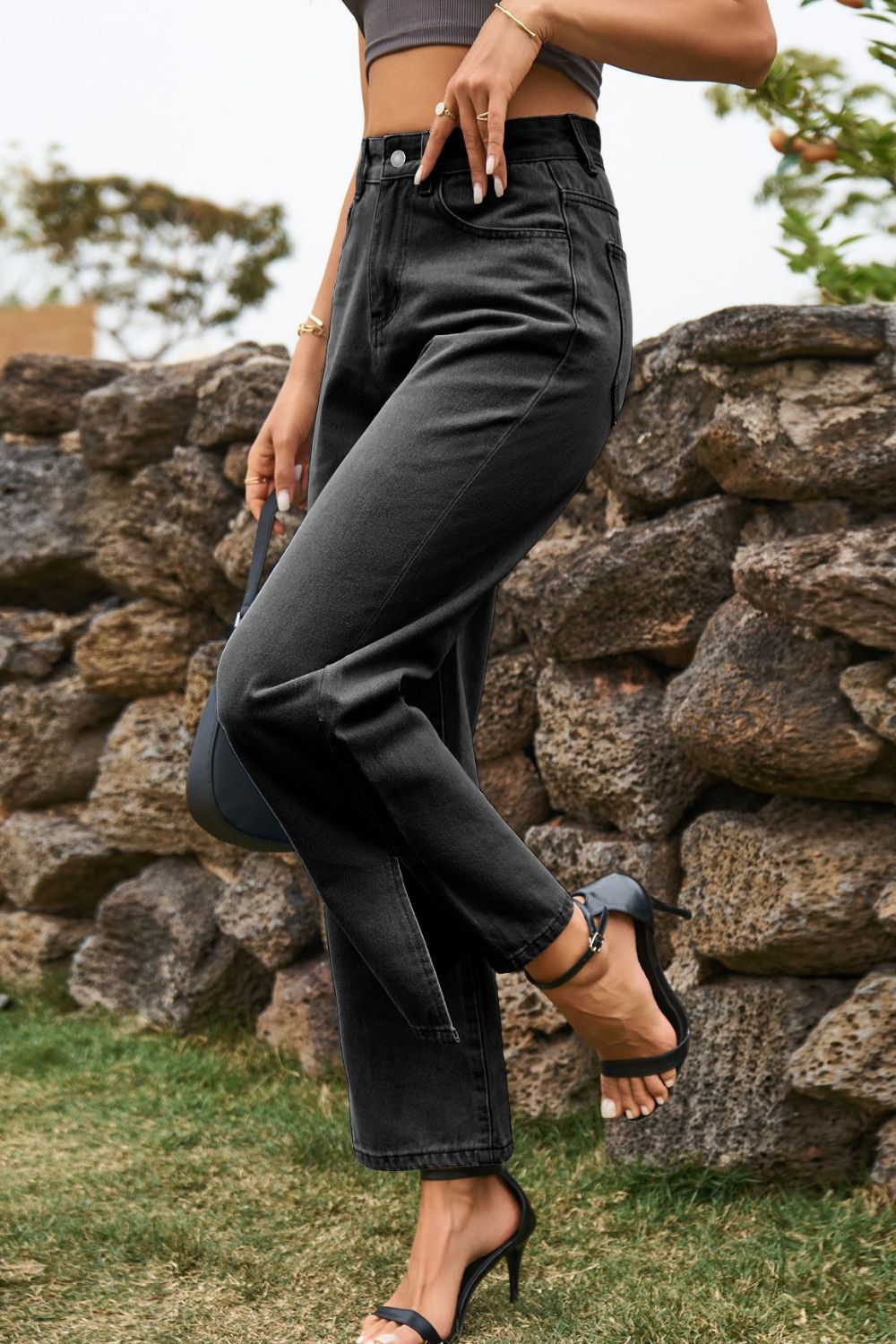 High Waist Loose Fit Ankle Slit Jeans Fitggins