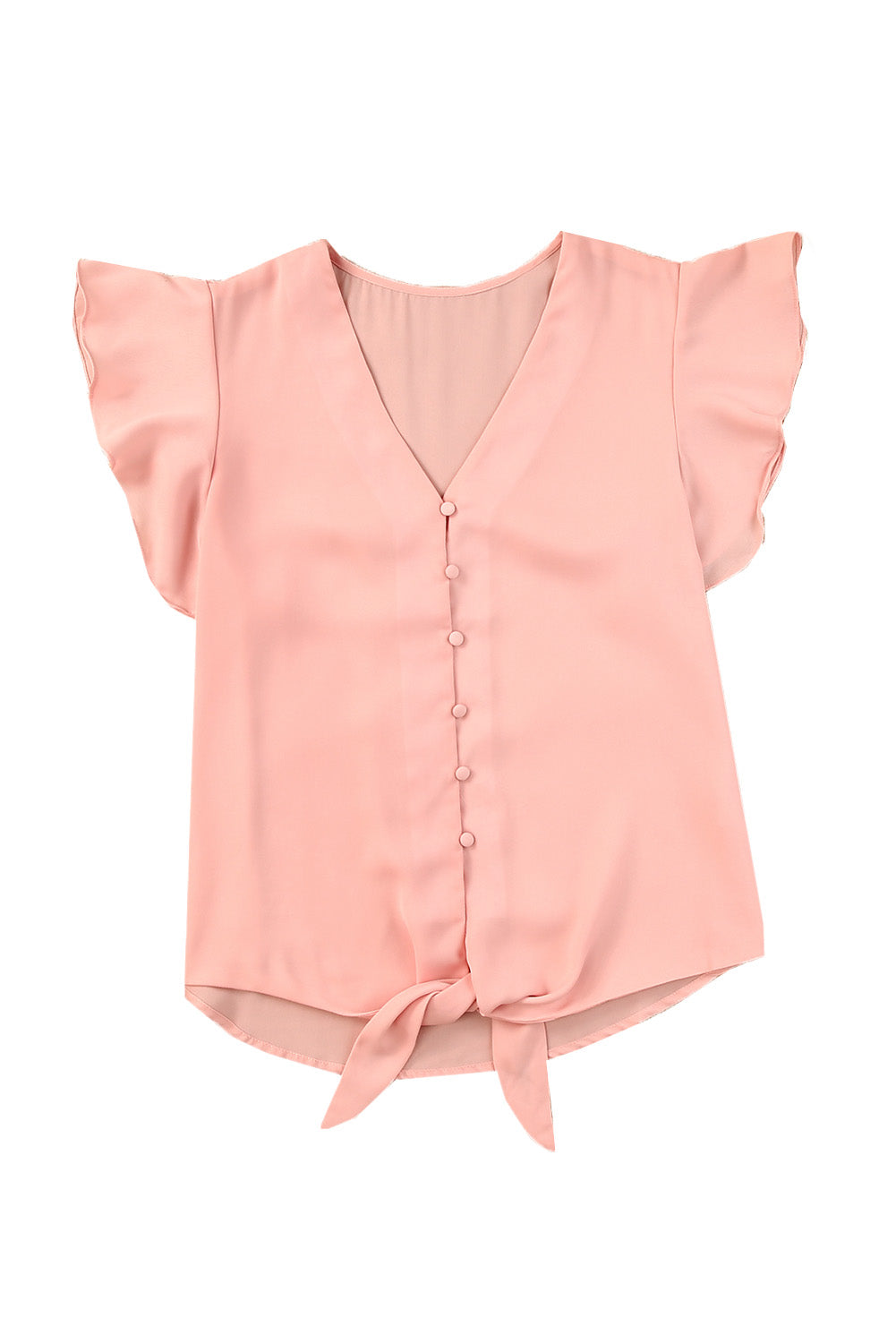 V-Neck Tie Hem Flutter Sleeve Blouse Peach Fitggins