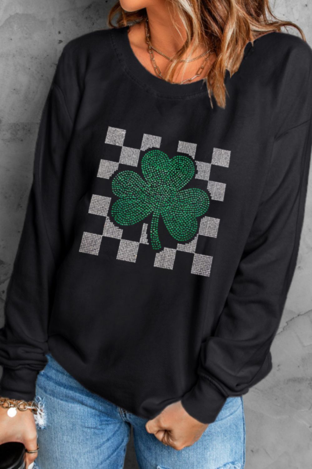 Rhinestone Checkered Lucky Clover Round Neck Sweatshirt - Sweatshirts & Hoodies - FITGGINS