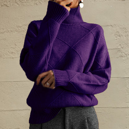 Geometric Turtleneck Long Sleeve Sweater Deep Purple Fitggins