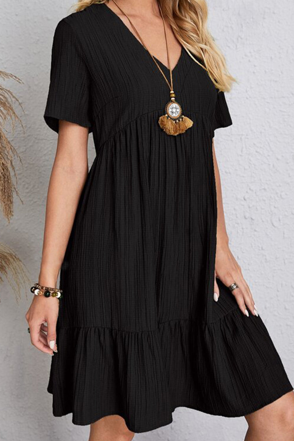 Full Size Ruched V-Neck Short Sleeve Dress - Casual & Maxi Dresses - FITGGINS