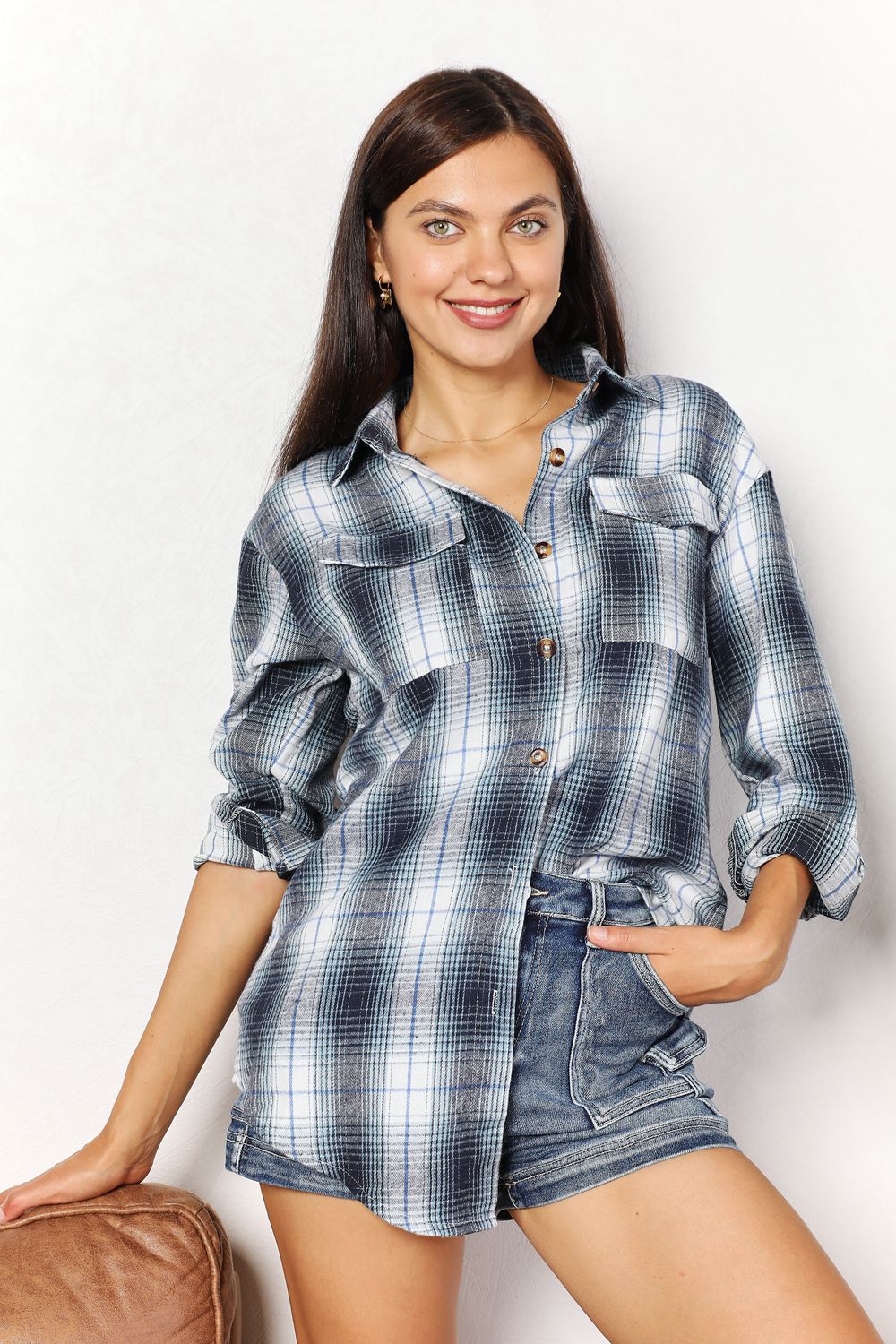 Mandy Plaid Dropped Shoulder Shirt - Shirts - FITGGINS