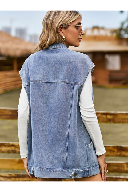 Button Up Collared Neck Sleeveless Denim Jacket - Denim Jackets - FITGGINS