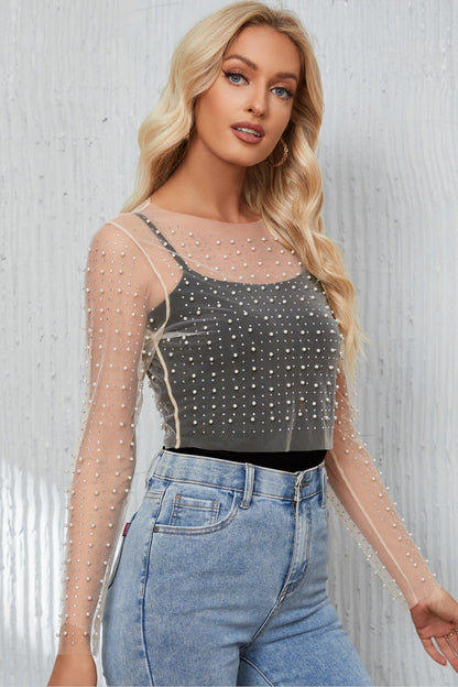 Pearl Long Sleeve Mesh Cropped Top - Blouses - FITGGINS