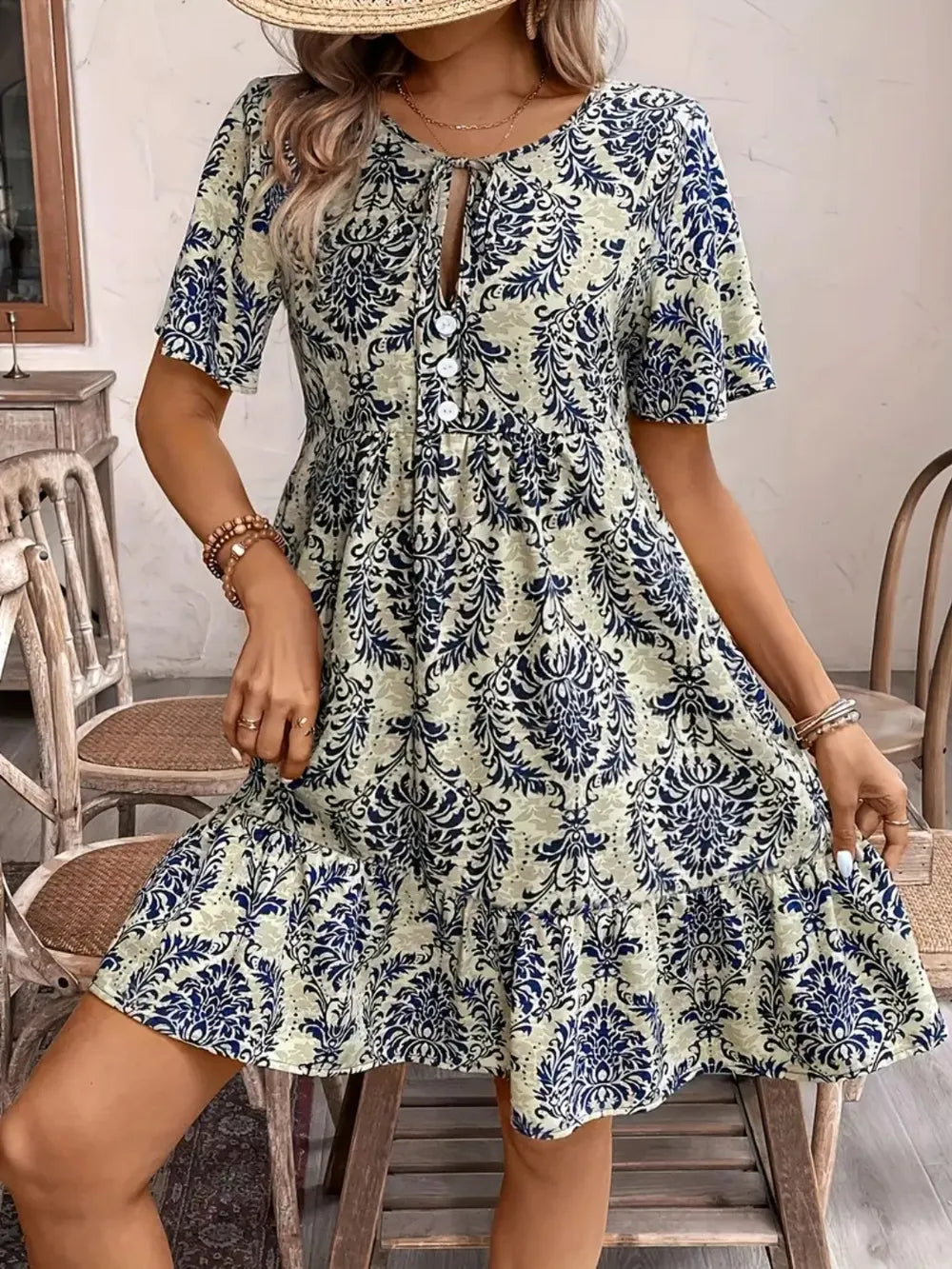 Printed Tie Neck Short Sleeve Dress Fitggins